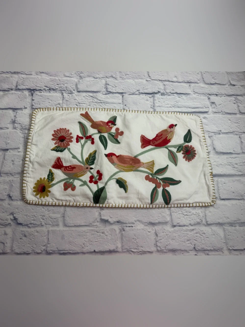 Nina Home Decorative Pillow Cover in Res Bird Embroidery White with Gold Trim